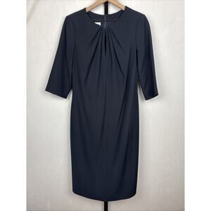 Armani Collezioni Ruched Midi Sheath Dress Women's 10 Navy Keyhole Neck Career